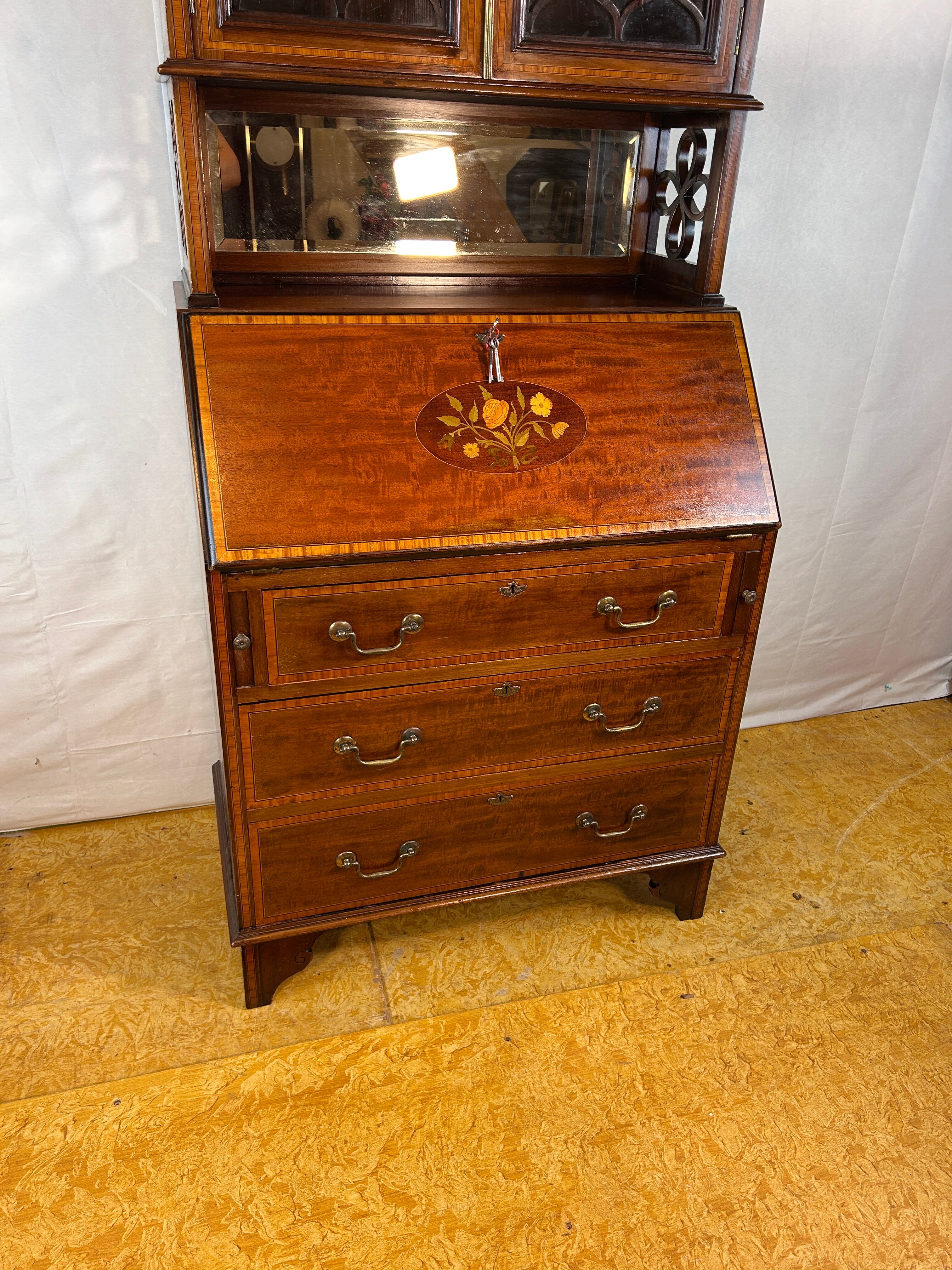 Antique Edwardian Bureau Bookcase with Inlaid Floral Detail – Early 20th Ce