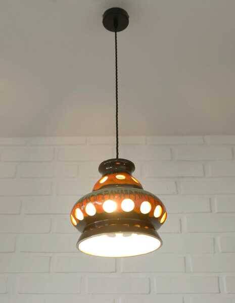 Vintage ceramic pendant light: 1970s rustic handmade chandelier
