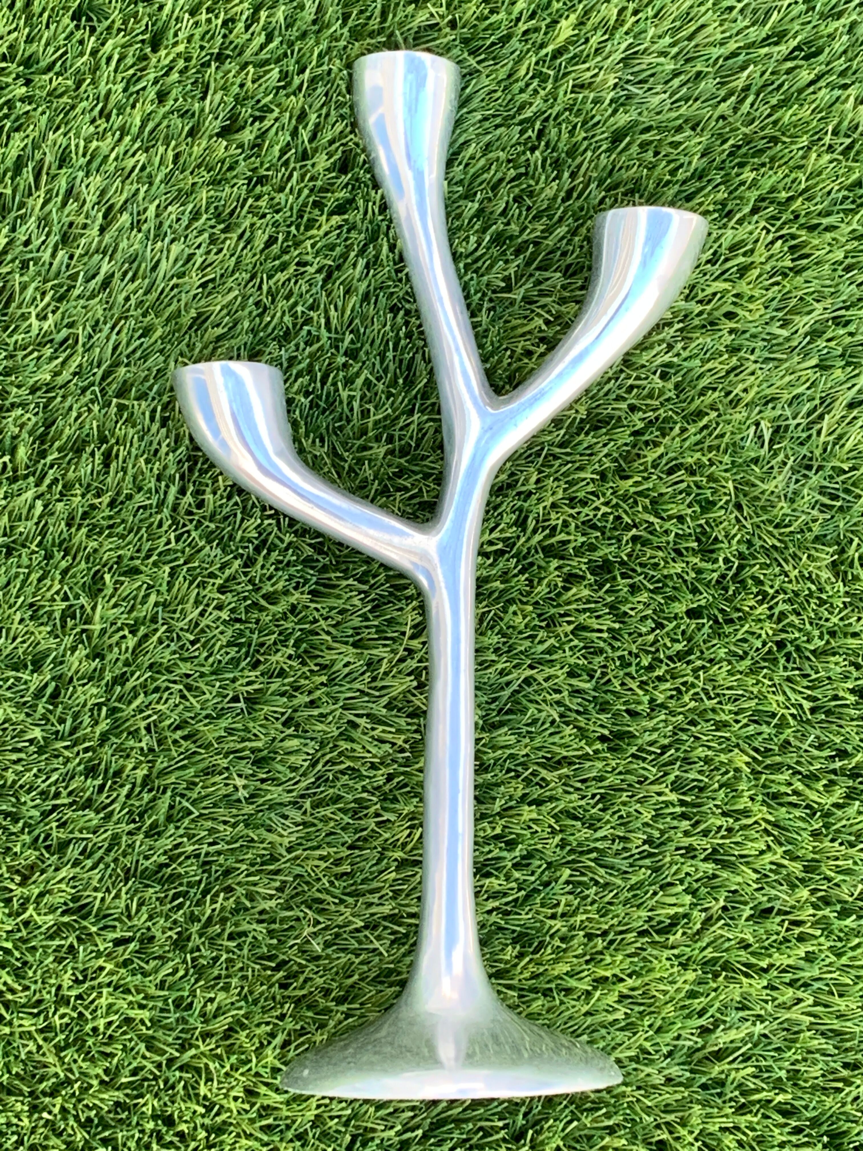 Organic candle holder in brushed aluminum, 3 branches, 1970