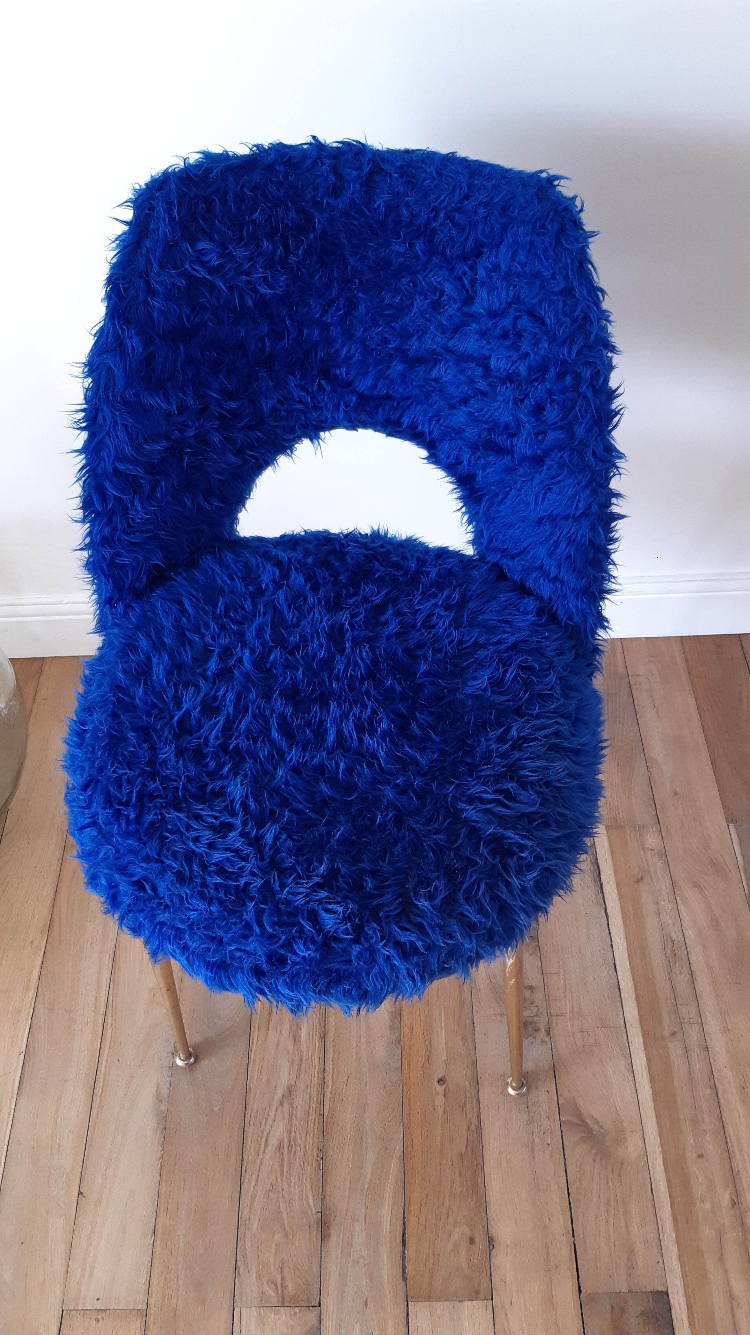 Chair in royal blue moumoute and brass legs 60s