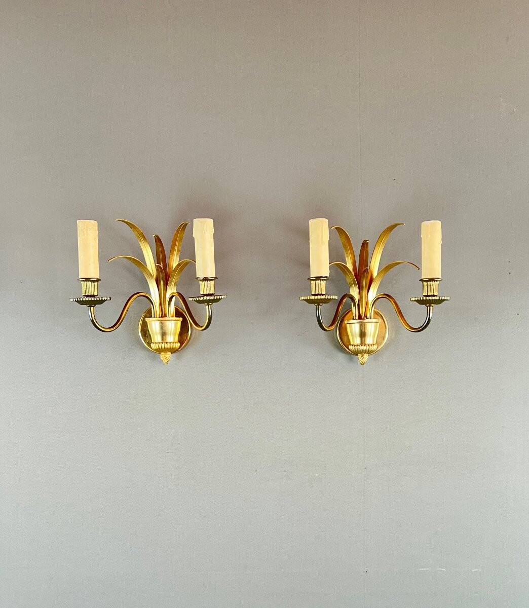 Pair of gilded brass wall lights, 20th century