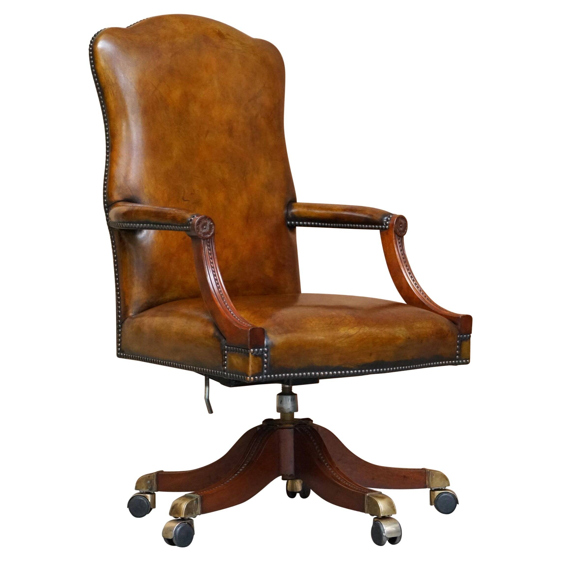 Restored vintage executive chair, leather, oak frame.