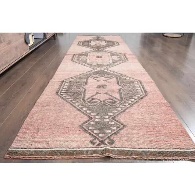 1970s Turkish Oushak Handmade Wool Cotton Pink Runner Rug 100x349
