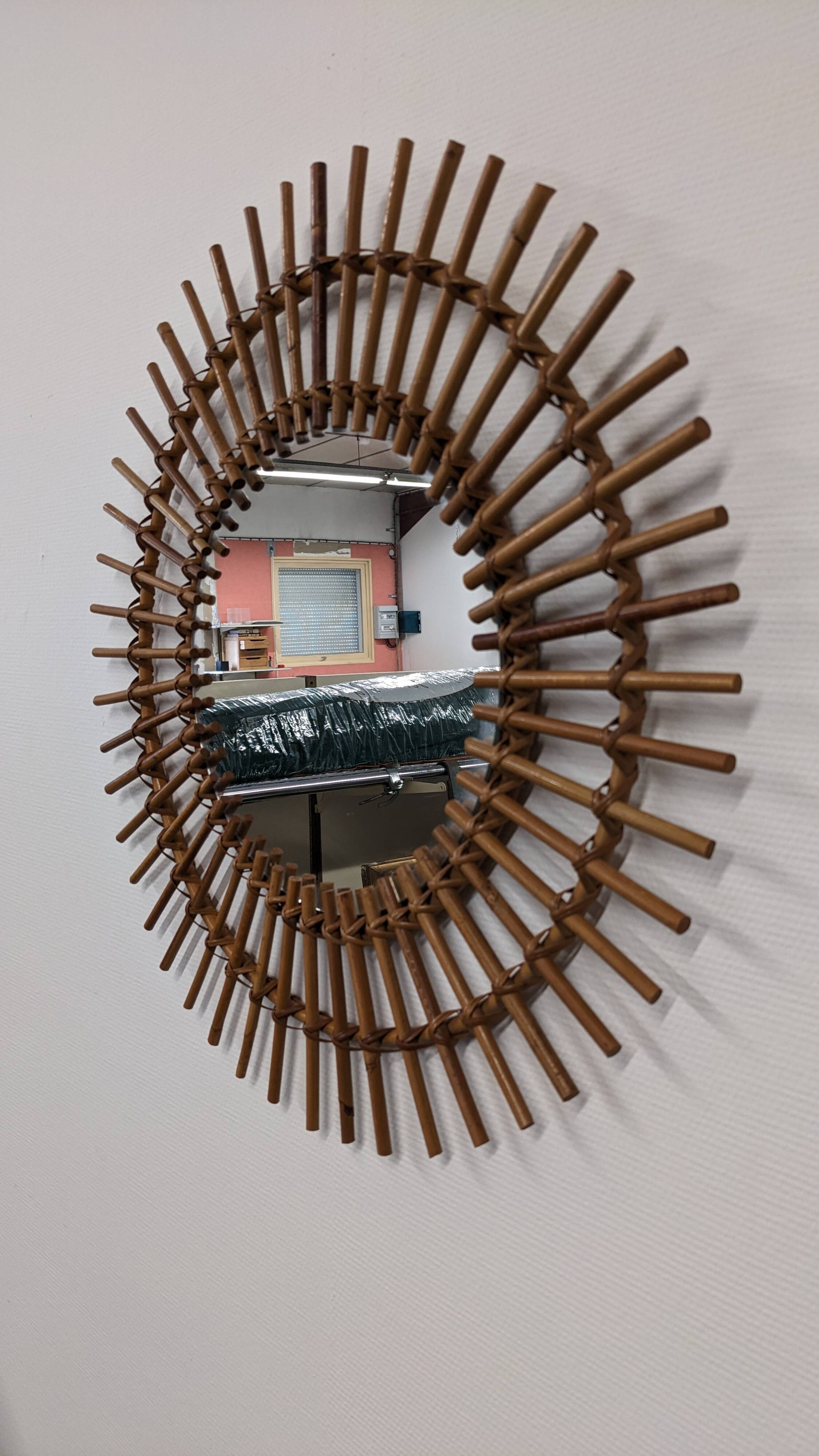 XL sun mirror in rattan, France circa 1960