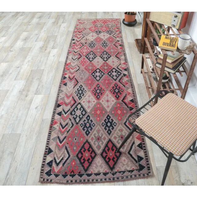 1960s Vintage Turkish Hand-Knotted Retro Runner 87x311