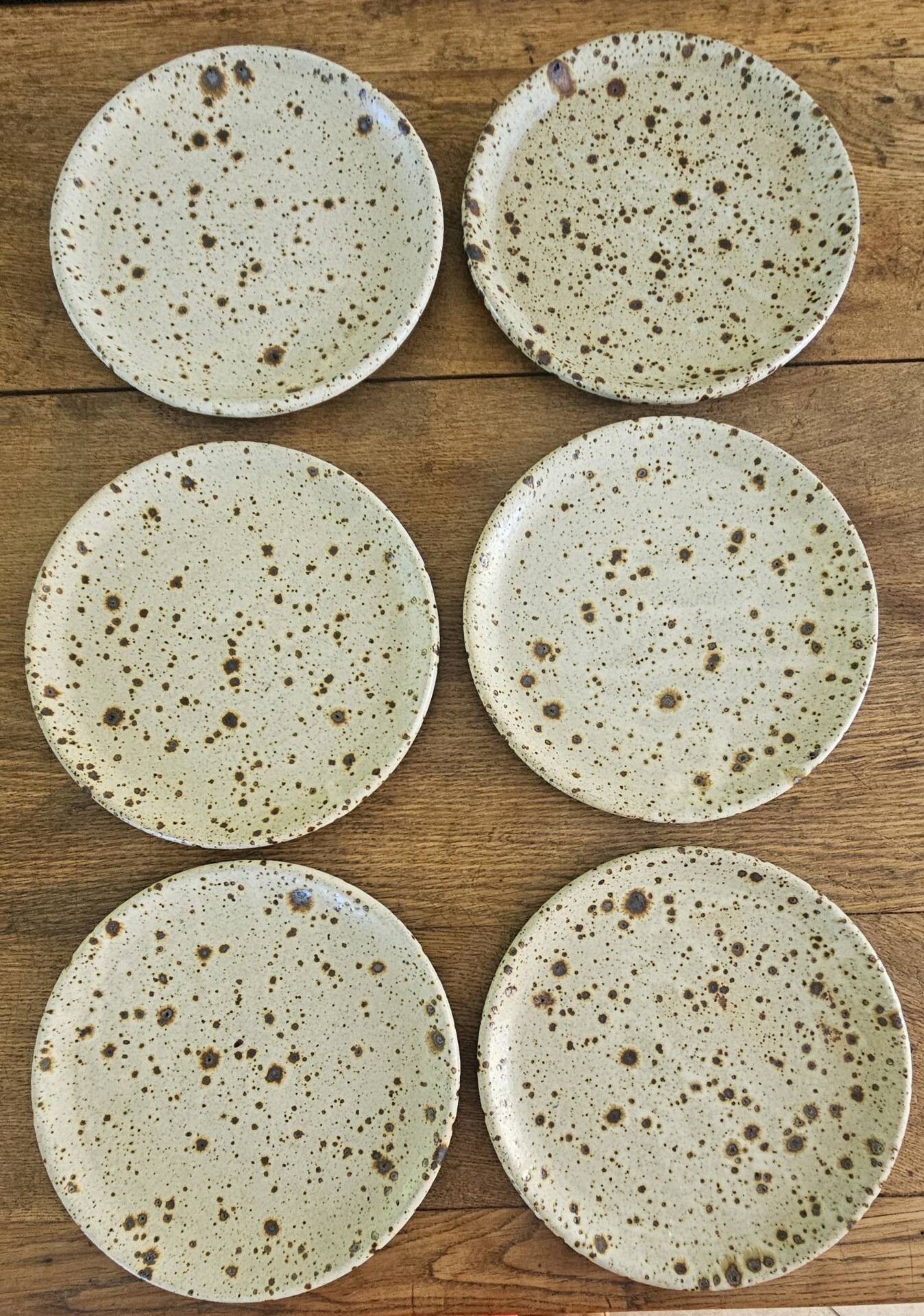 6 plates signed Gustave Tiffoche vintage pyrite glazed stoneware