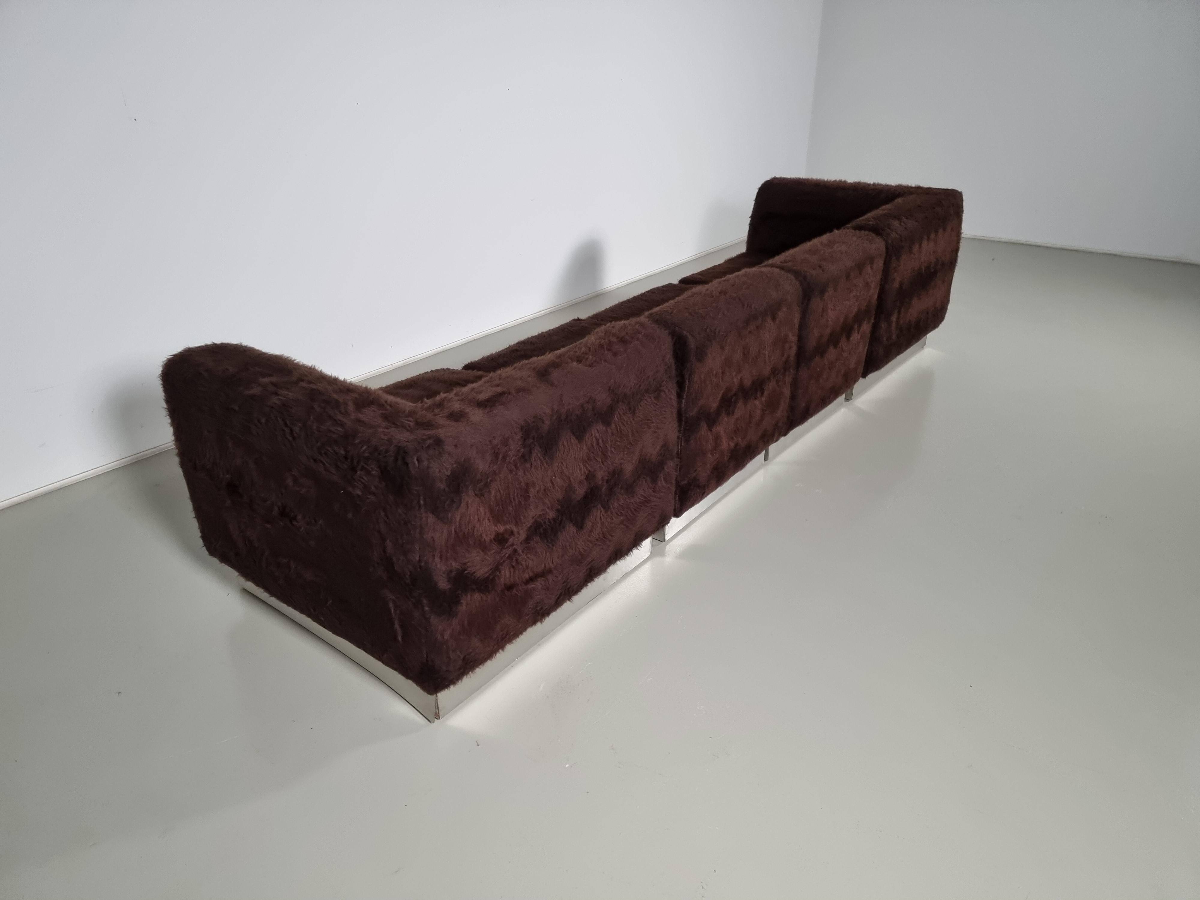 Vintage Italian chrome sectional sofa with faux fur, 1970s.