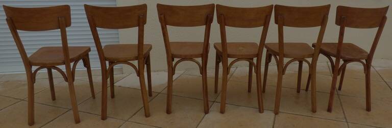 6 vintage Baumann wooden bistro chairs in their patina