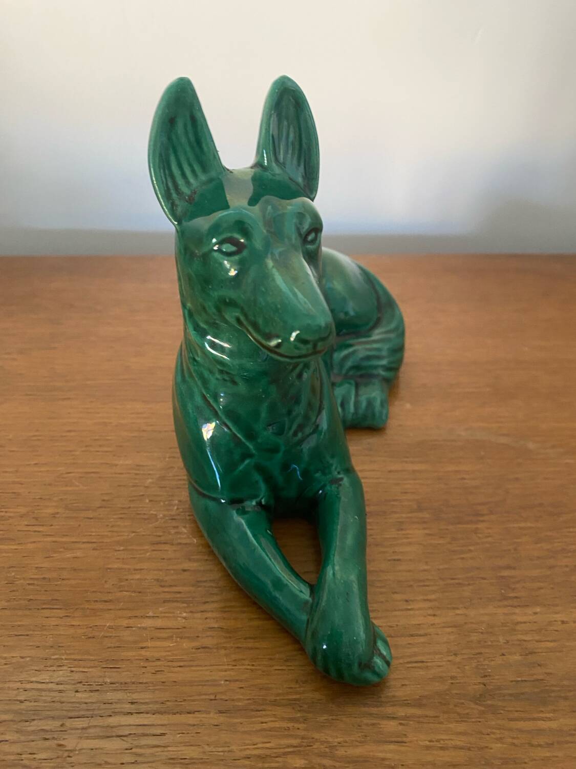 Antique St Clement German Shepherd Dog Sculpture Green Ceramic #C134