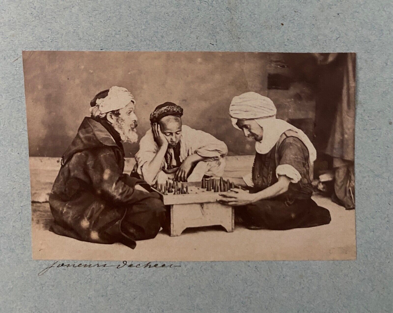 6 old photographs dancers chess players Kabyles grocery store