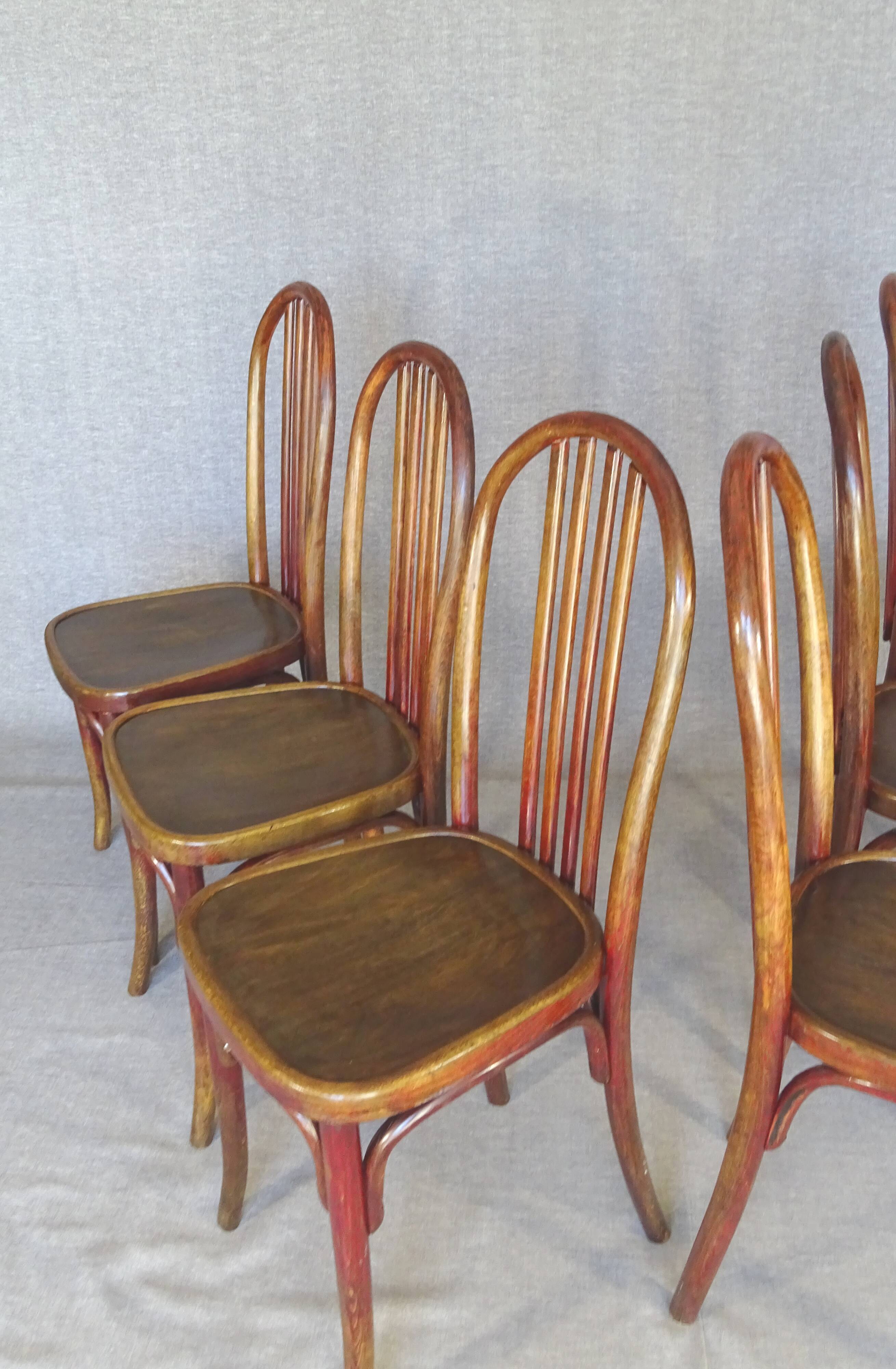 Six bistro chairs, by KOHN, 1925 - not Thonet -