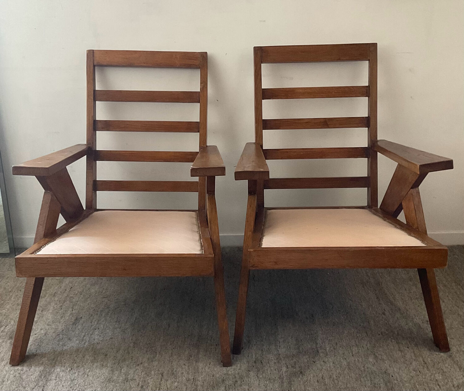 Pair of compass-legged armchairs, 1960s