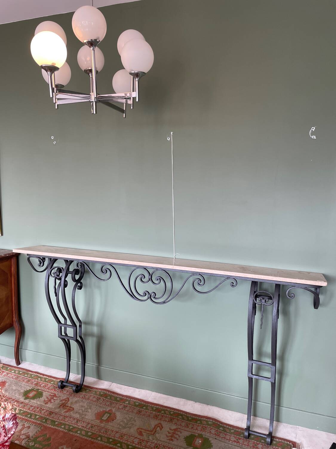 Black wrought iron & beige marble console table