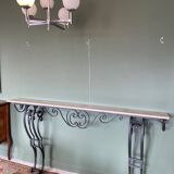 Console en fer forgé noir & marbre beige