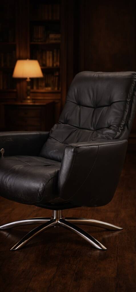 Modern Black Leather Swivel Armchair — Chrome Base — 2000s — H 107 cm