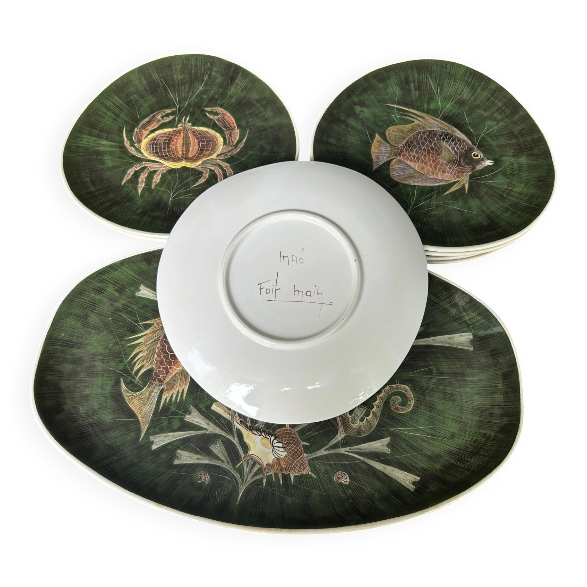 Fish service in glazed earthenware painted by hand signed Le Mao - 1960