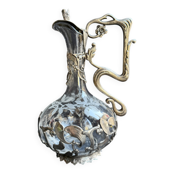 Aiguière – Verre gravé et métal argenté – Décor gui