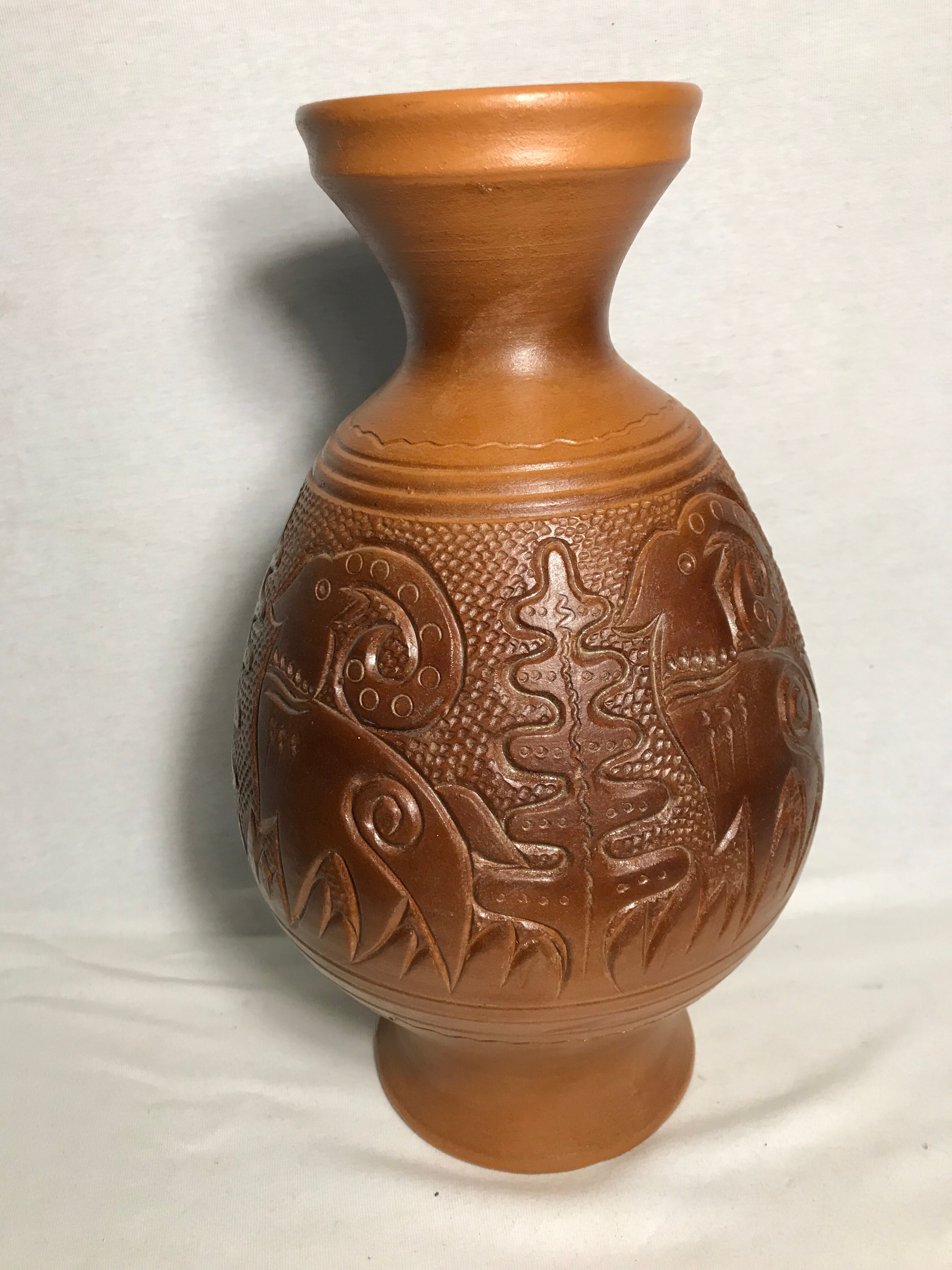 Old terracotta vase carved interior black vintage