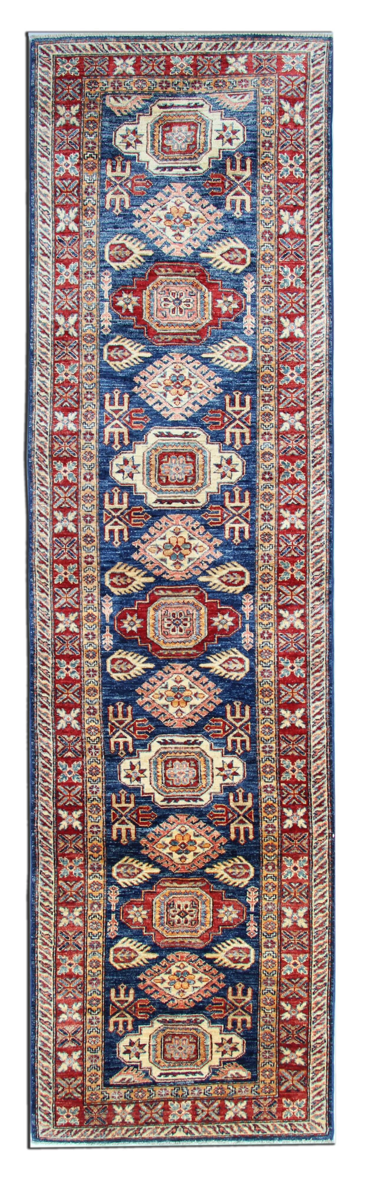Handmade runner rug traditional kazak carpet rug blue geometric runner