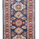 Handmade runner rug traditional kazak carpet rug blue geometric runner