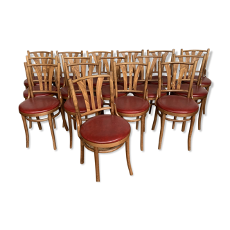 Série 16 chaises bistrot bar café bois tourné assise skaï rouge
