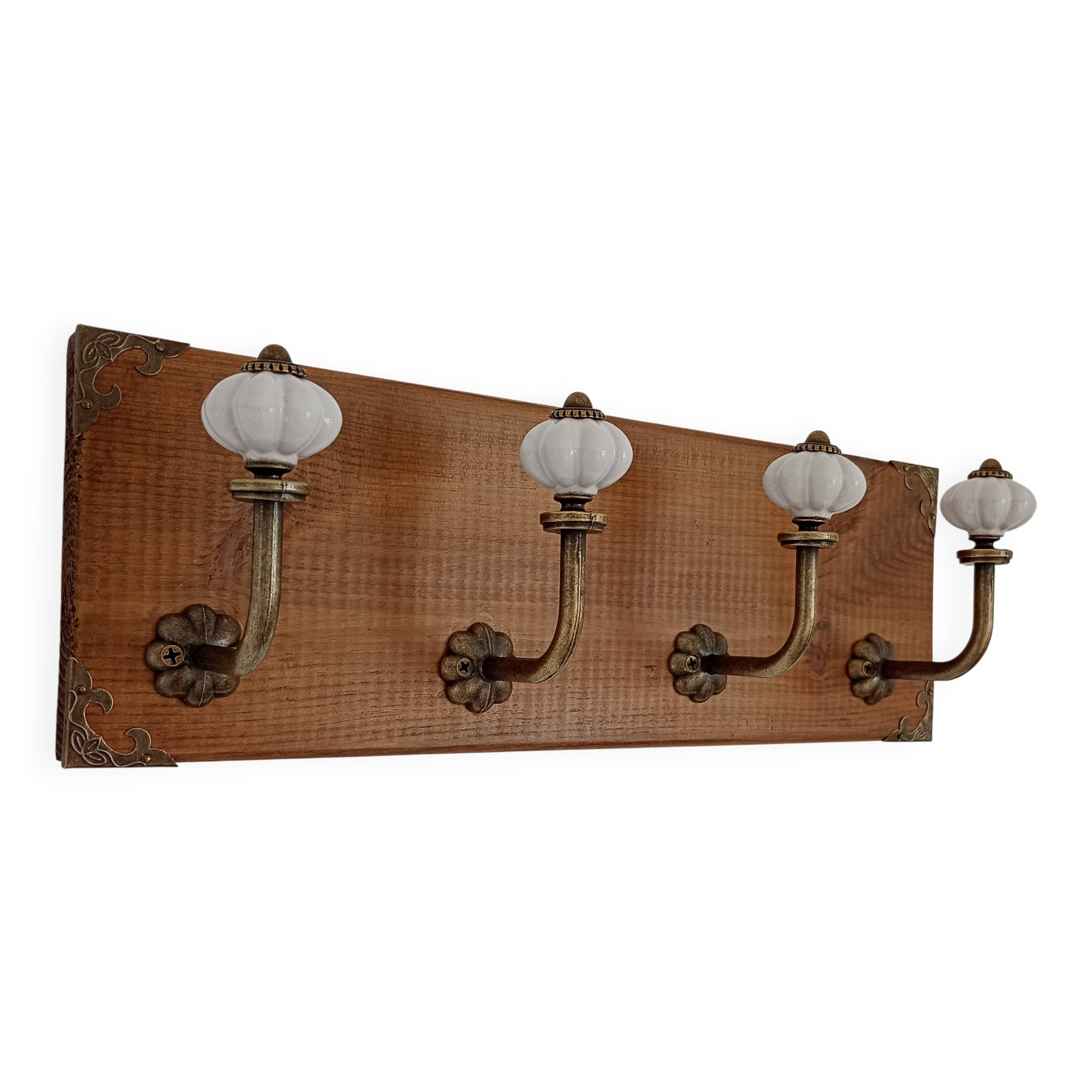Wall coat rack with 4 metal hooks and white ceramic knobs, handmade.