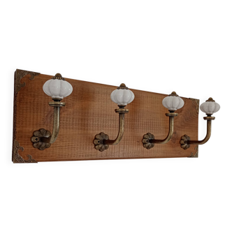 Wall coat rack with 4 metal hooks and white ceramic knobs, handmade.