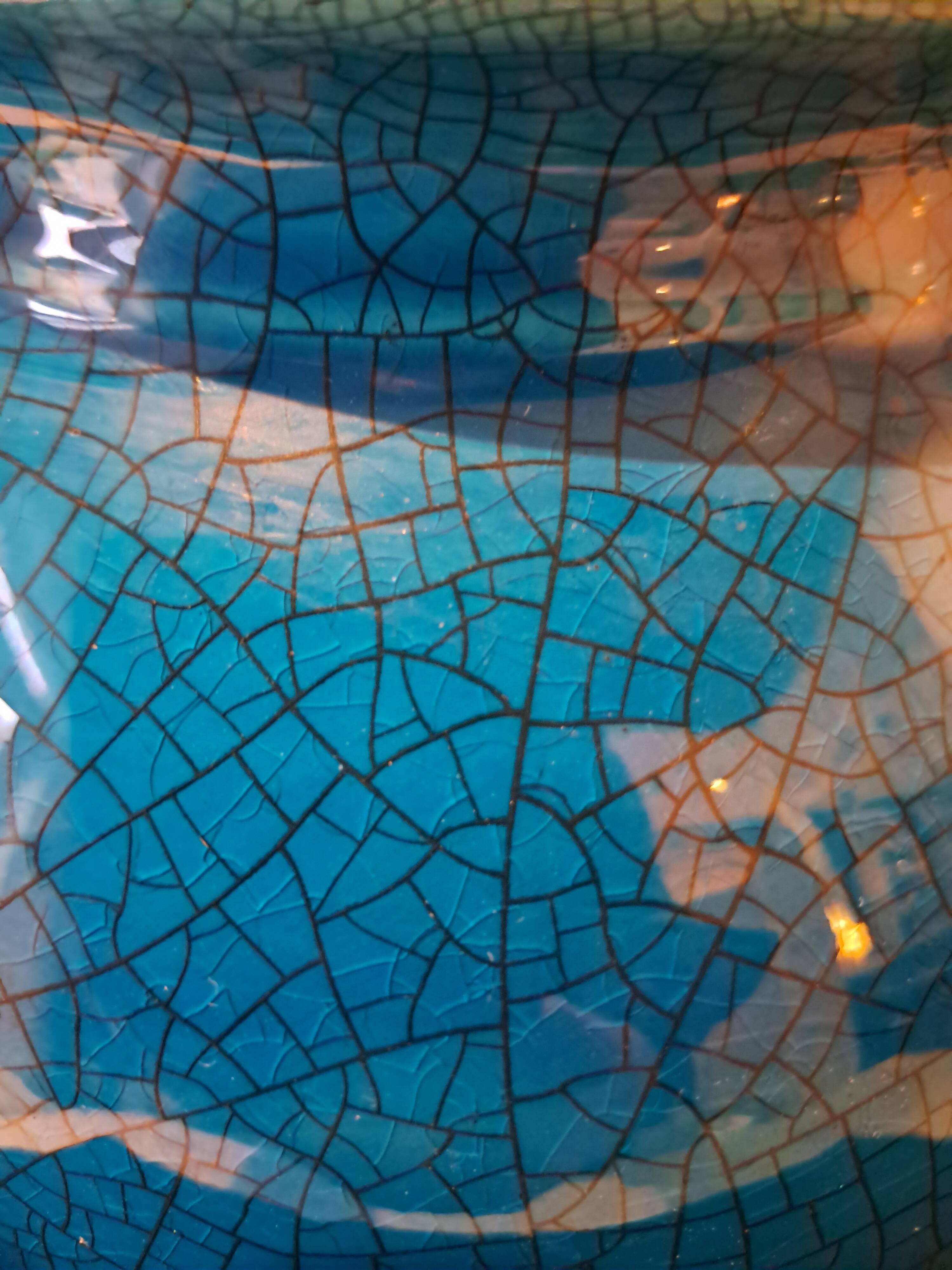 Large Turquoise Crackle Earthenware Footed Bowl Vase