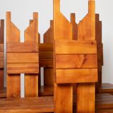 Set of large unique brutalist dining table and 6 chairs in pine, Czechoslov