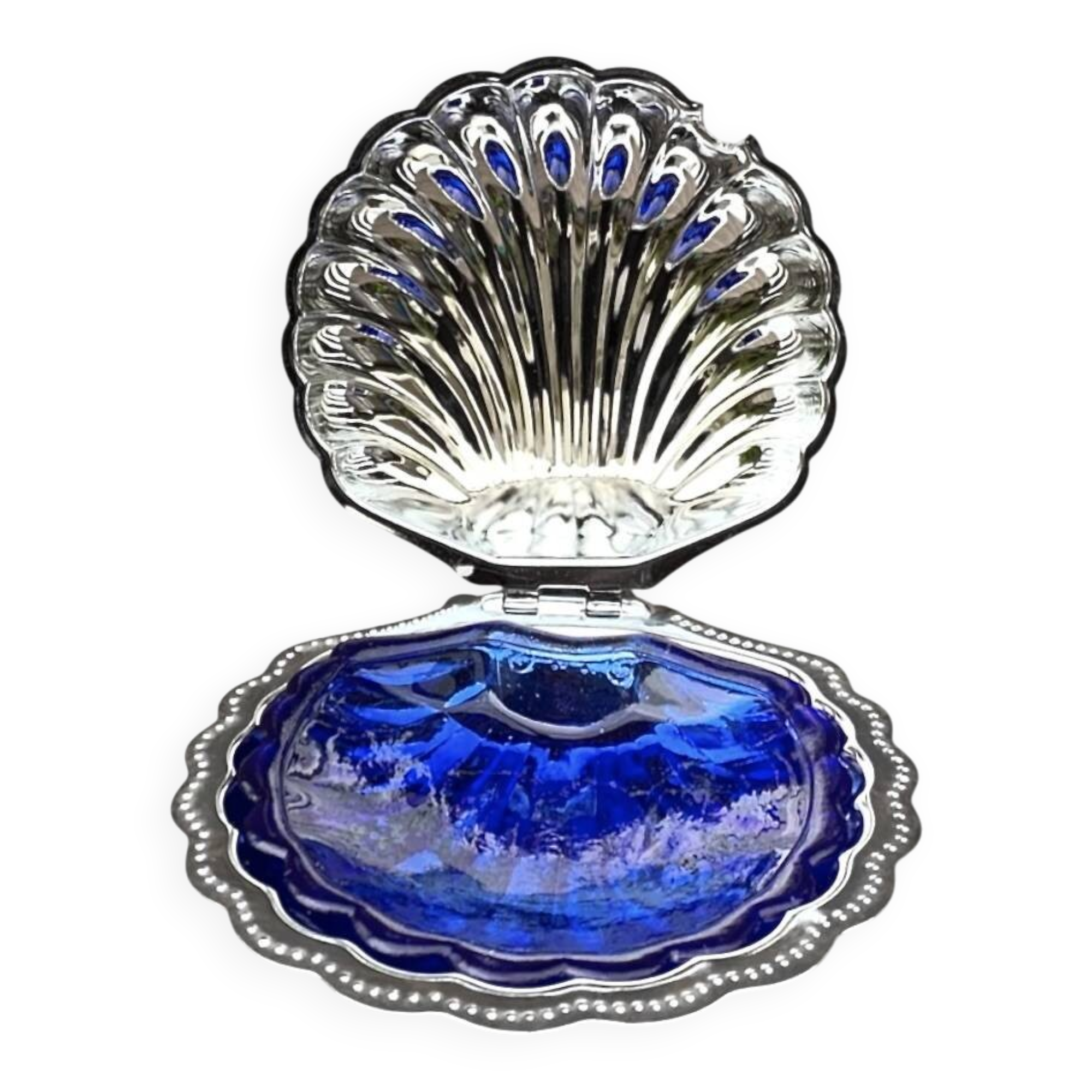 Vintage shell butter dish in stainless steel and cobalt blue glass