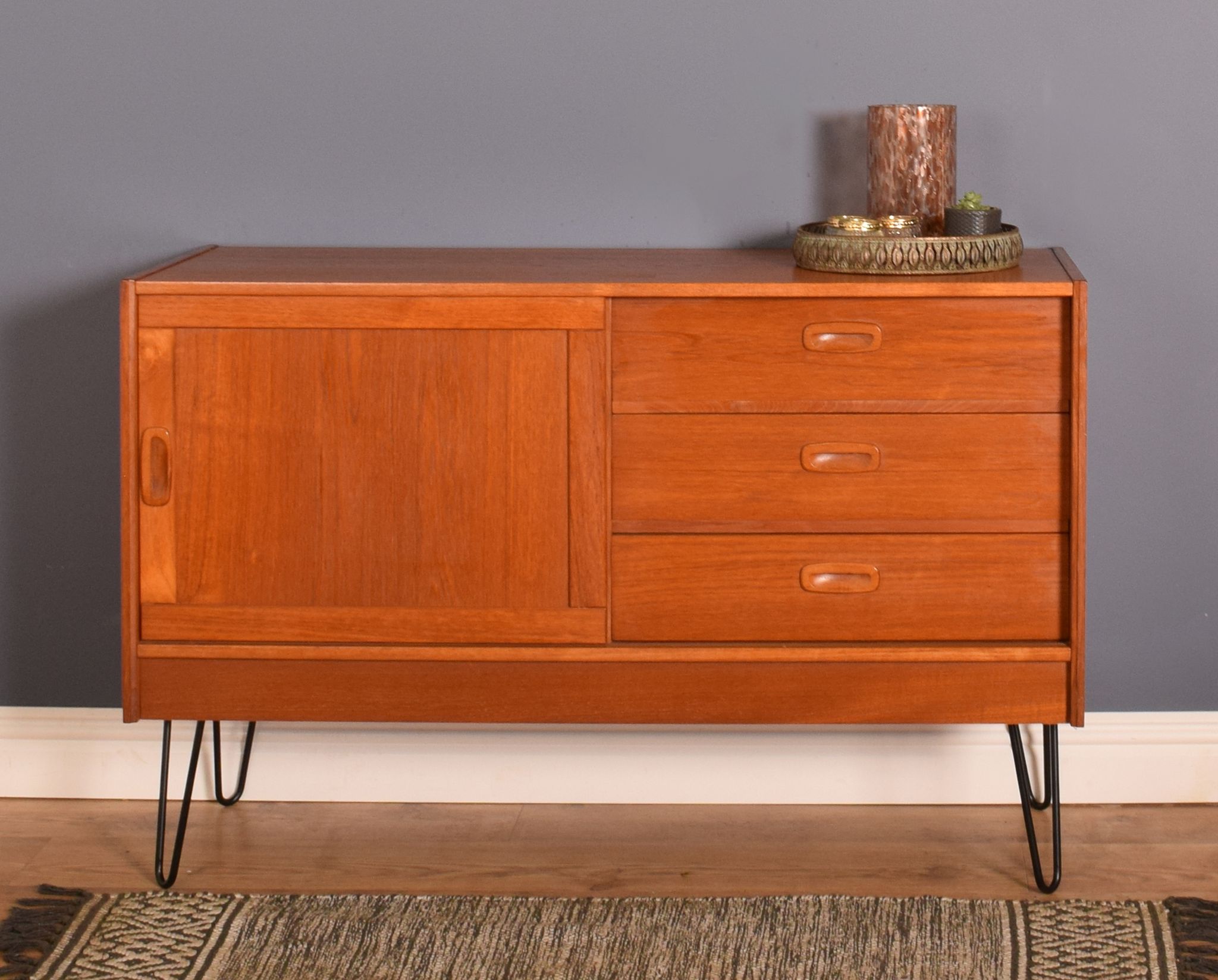 Restored Danish Teak 1960s Short Retro Sideboard Hairpin Legs