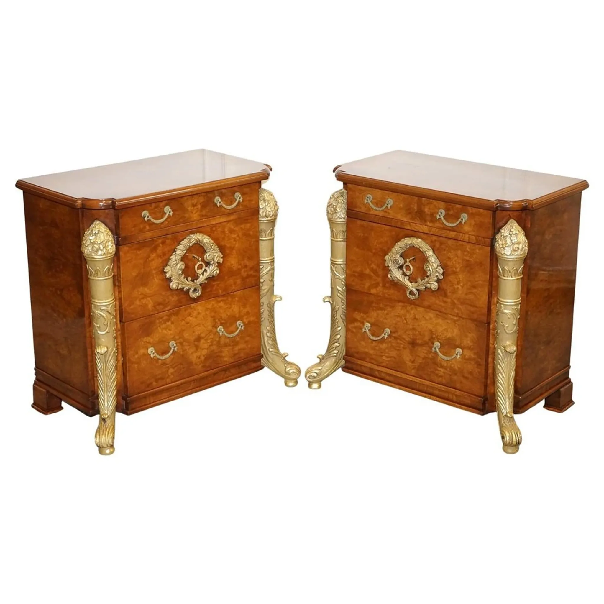 Empire Style Nightstands in Golden Walnut Burl, Set of 2