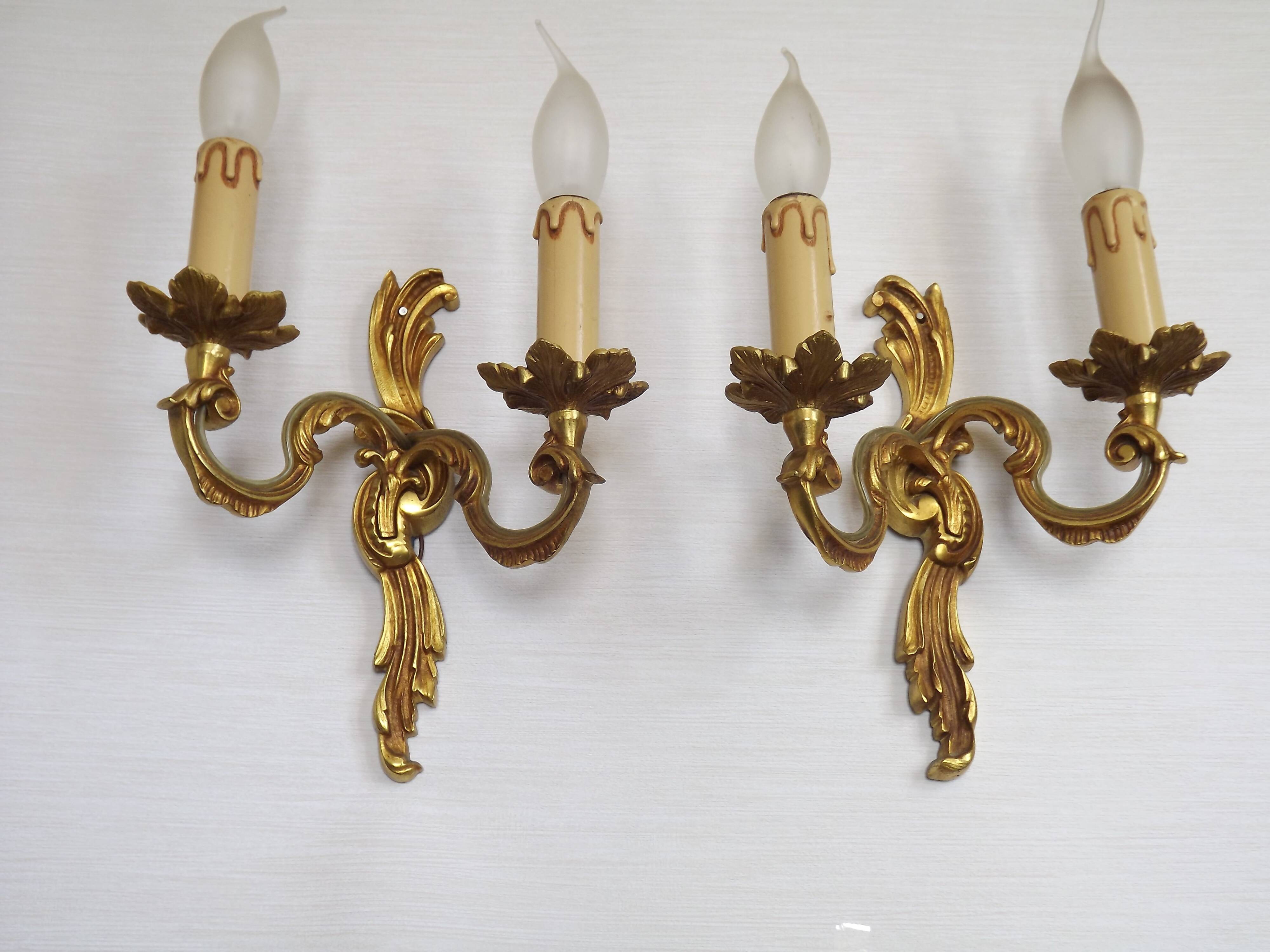 Stylish Vintage French Bronze Double Wall Sconces with Acanthus Leaf Detail