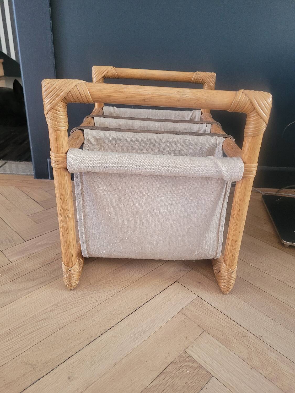 Vintage magazine rack made of bamboo, rattan and canvas