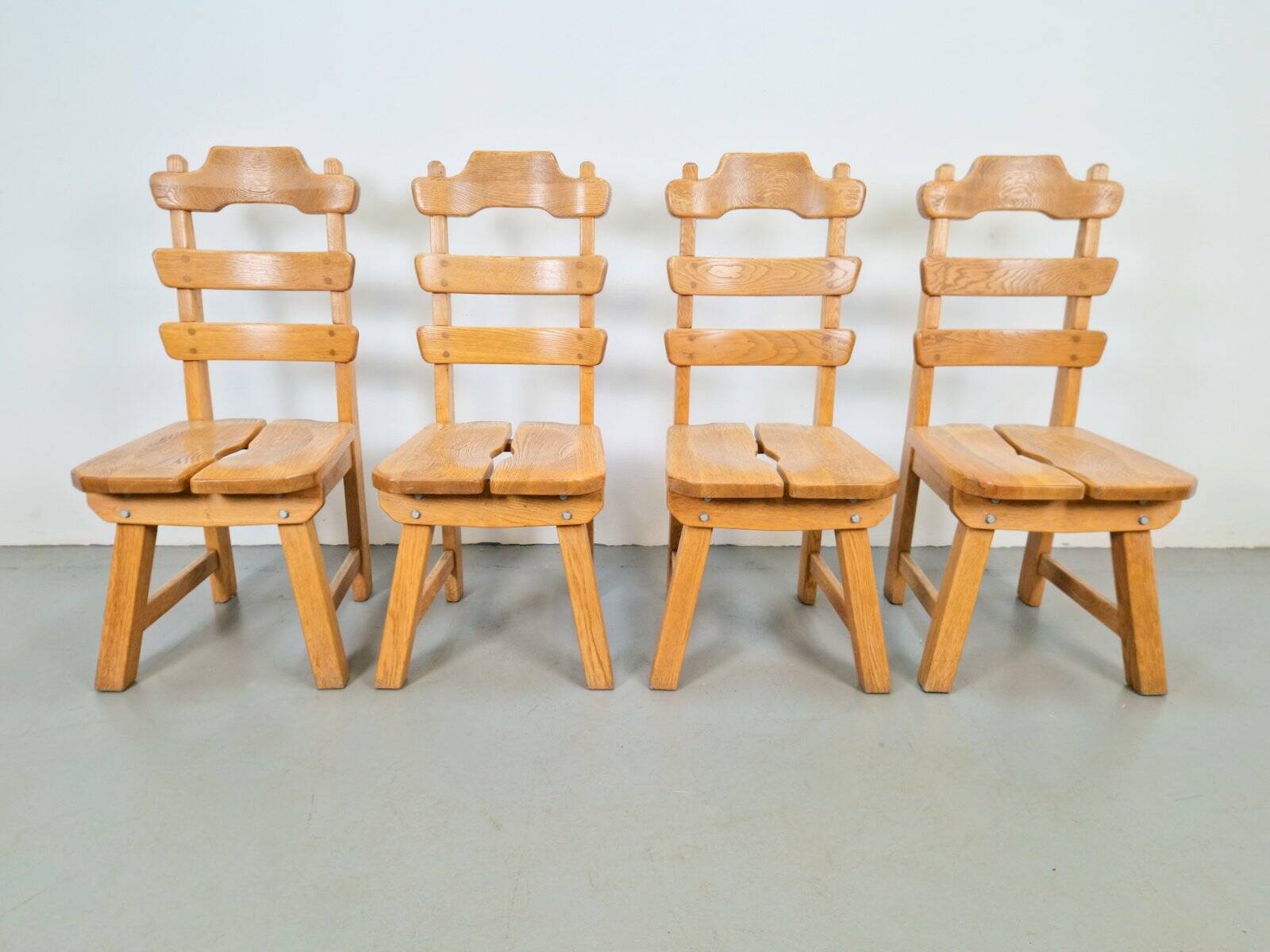 Dutch Brutalist Dining Chairs with Ladder Backrests in Oak, 1960s, Set of 4