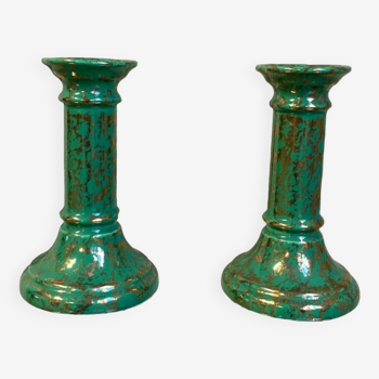 Duo of green-gold enameled ceramic candle holders, Western Germany, Waechtersbach, 1970s
