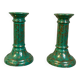Duo of green-gold enameled ceramic candle holders, Western Germany, Waechtersbach, 1970s