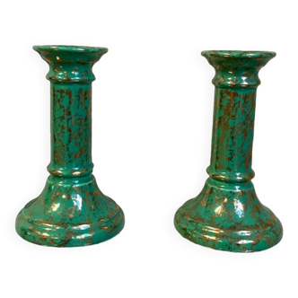 Duo of green-gold enameled ceramic candle holders, Western Germany, Waechtersbach, 1970s