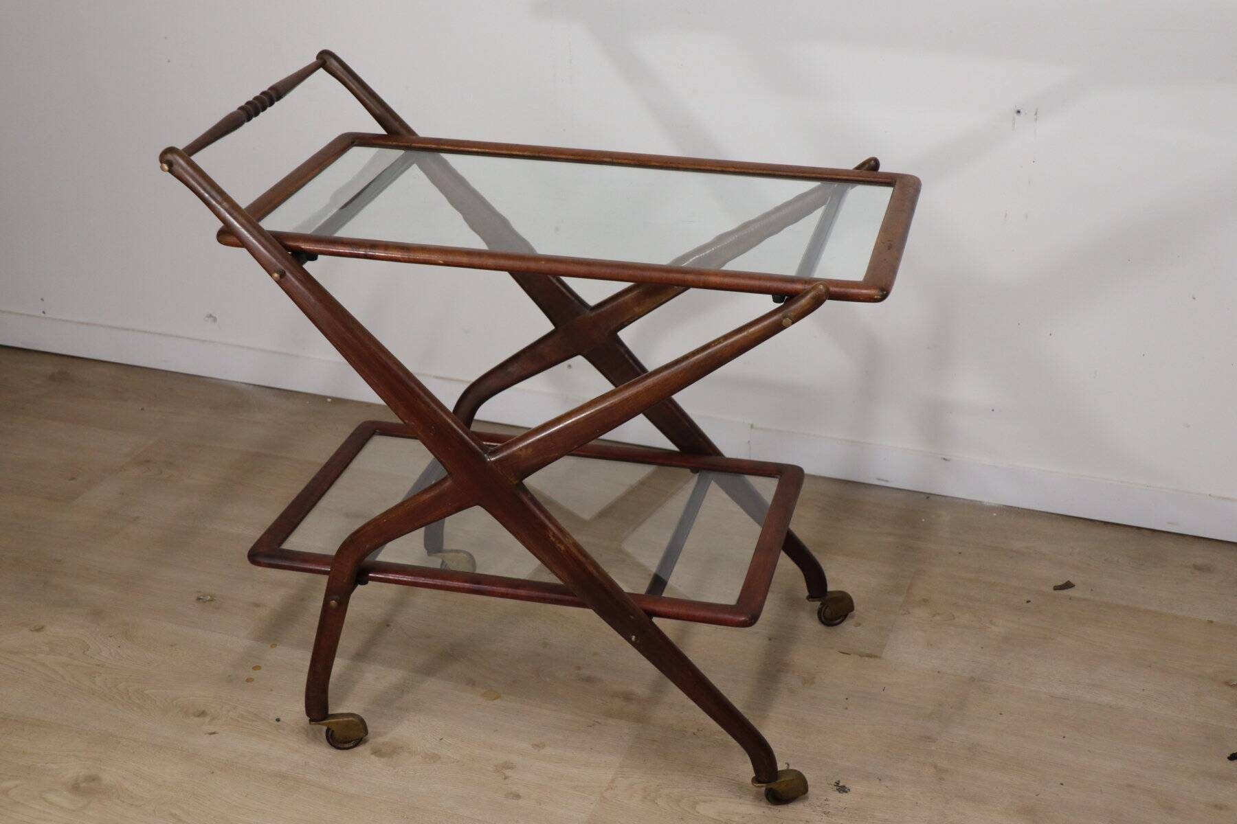 Vintage wooden and glass rolling trolley, 1960