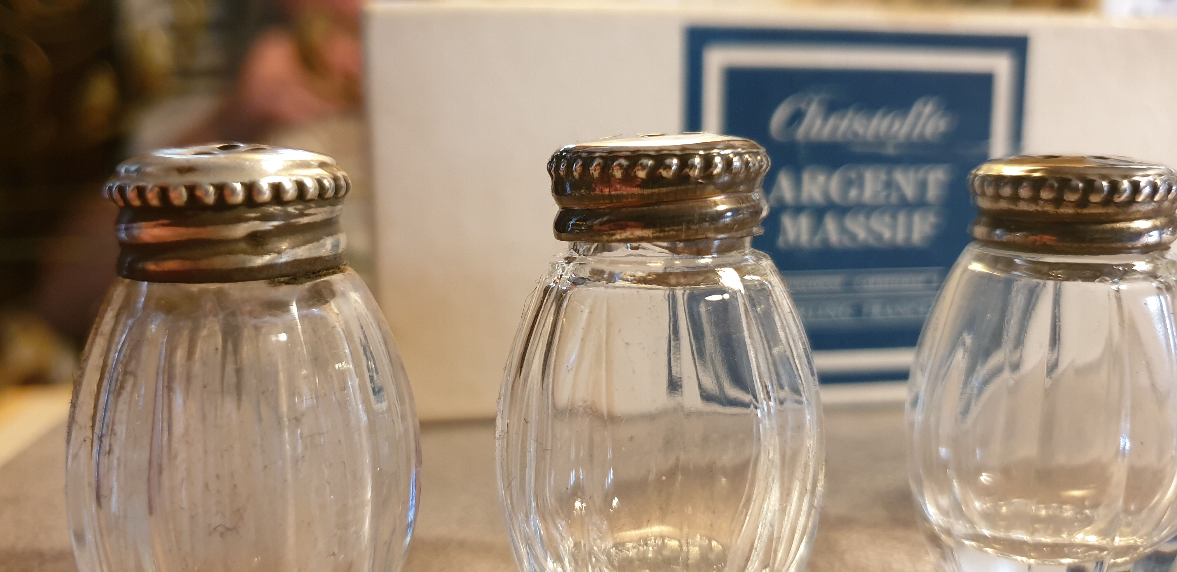 Goldsmith christofle salt shakers salters solid silver & glass