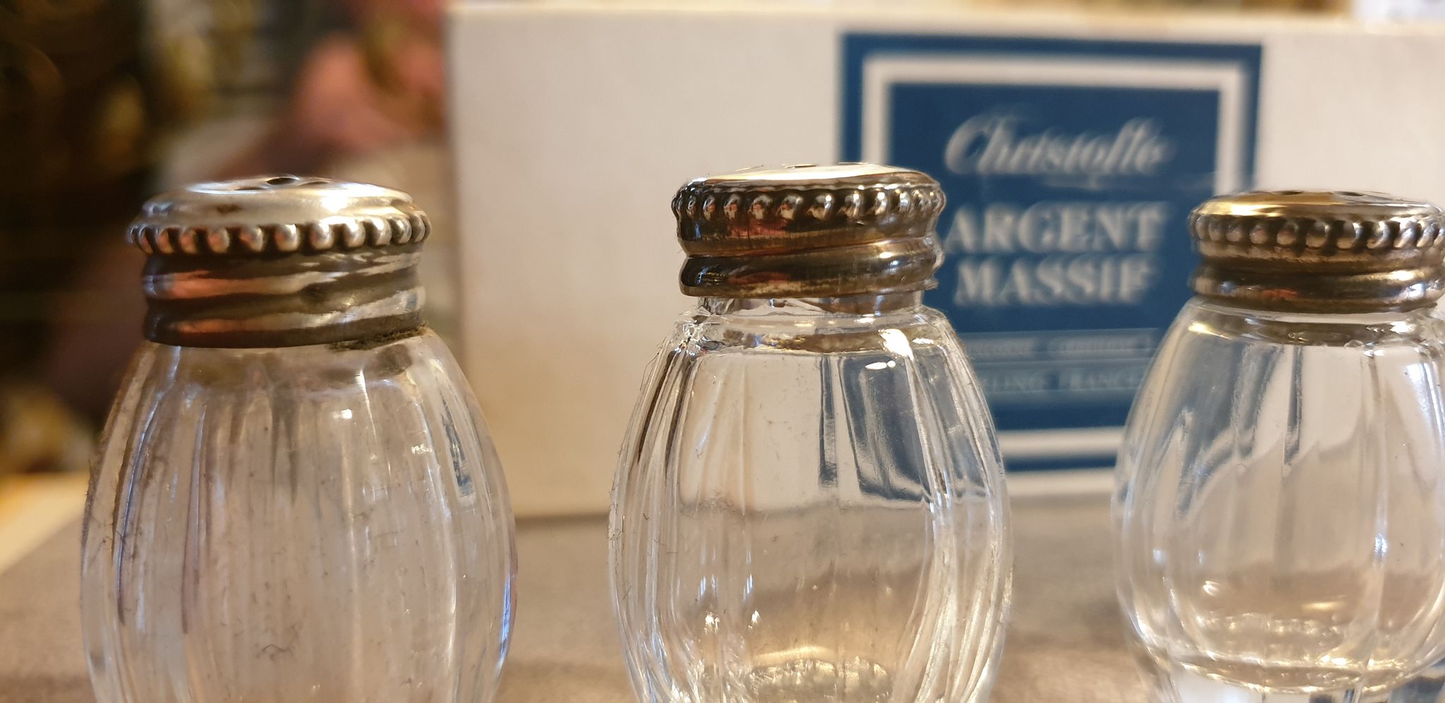 Goldsmith christofle salt shakers salters solid silver & glass