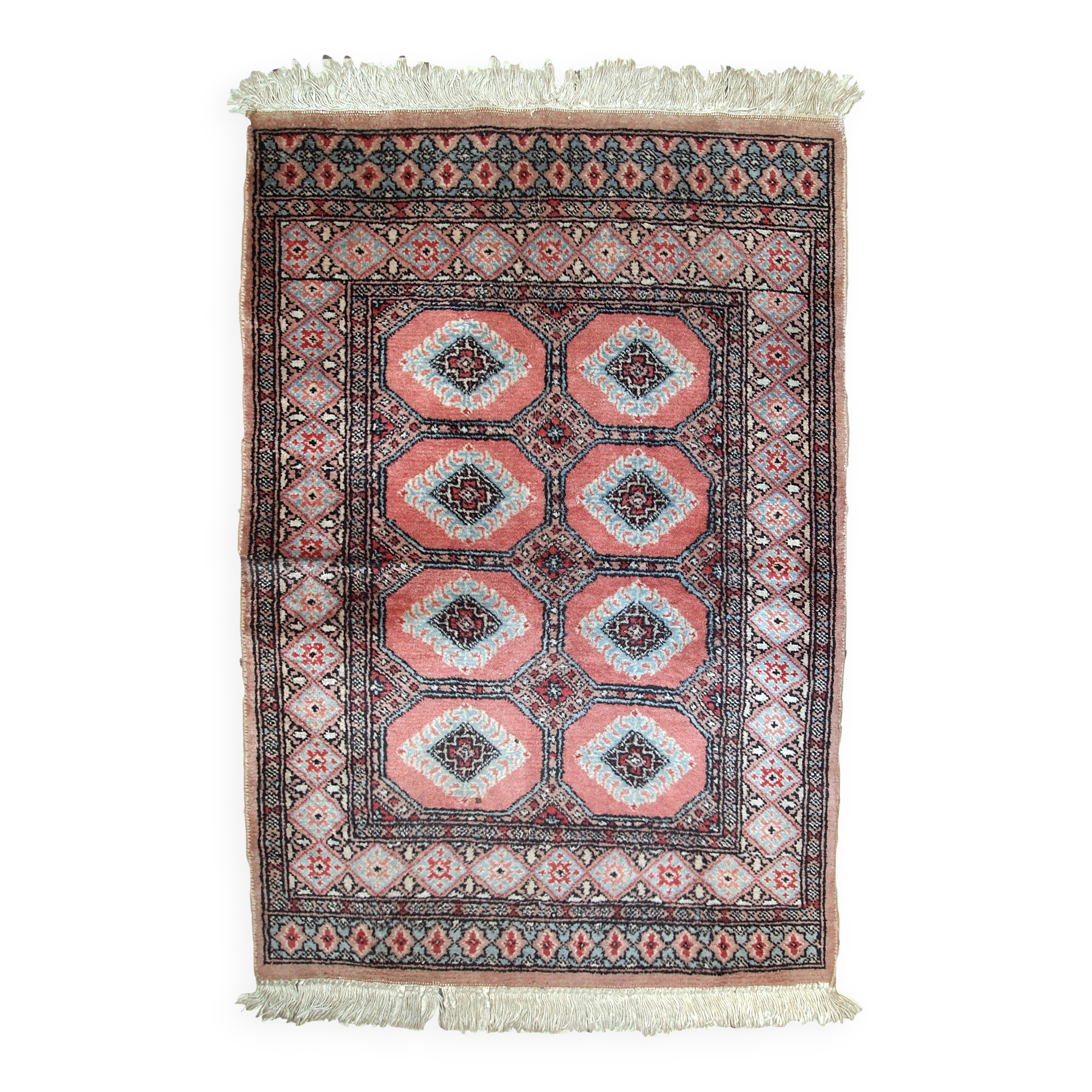 Tapis vintage fait main Bukhara en laine rose et bleu ciel (81cm x 118cm)