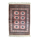 Tapis vintage fait main Boukhara en laine rose et bleu ciel (81cm x 118cm)
