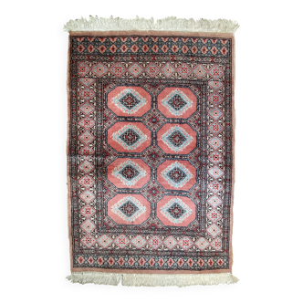 Tapis vintage fait main Boukhara en laine rose et bleu ciel (81cm x 118cm)