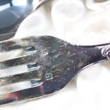 Old covered box in silver or silver metal spoon and fork with hallmarks
