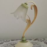 French Vintage Lamp In Cream Peach and Green With Glass Flower Petal Shade