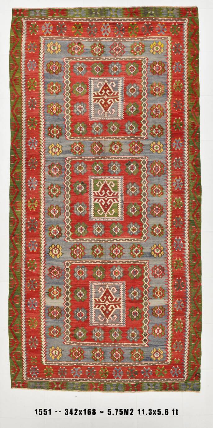 5x11 Kilim Red & Blue Geometric Vintage Rug, 168x342Cm