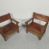 Pair of Spanish vintage leather armchairs 1920/1930