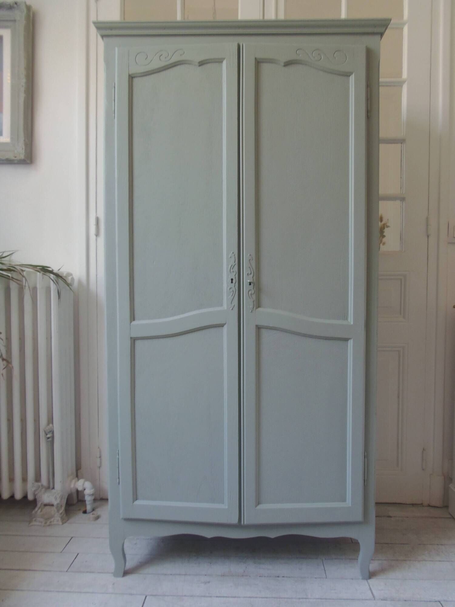 Wardrobe, dresser, vintage linen 2 doors green gray waxed finish.