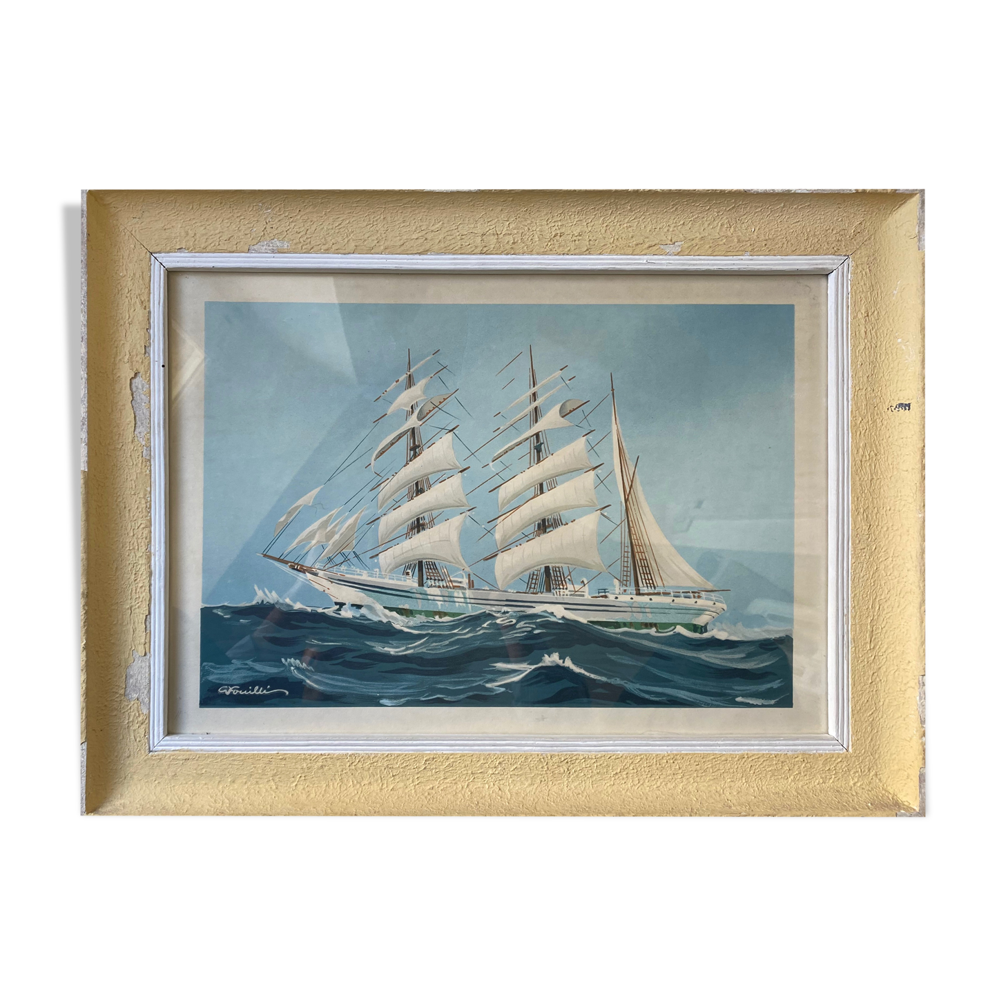 Painting litho Georges Fouillé (1909-1994) three-masted boat marine